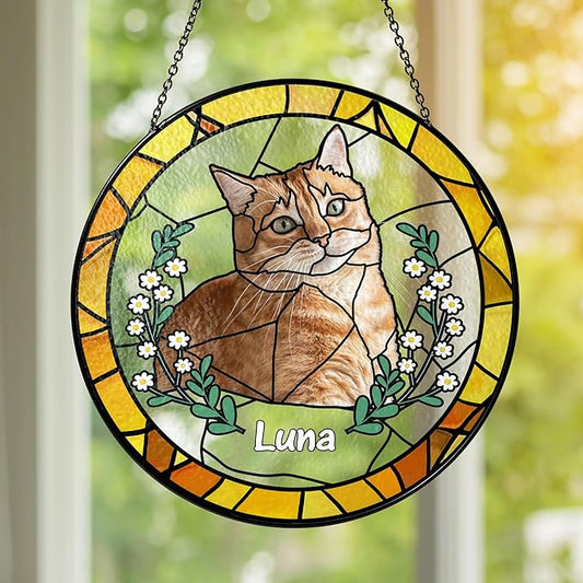 NAZENTI Personalized Cat Memorial Suncatcher, Sympathy Gift for Loss of Pet, Cat Remembrance Gift, Stained Glass Suncatcher, Custom Portrait Photo and Name, Pet Memorial Ornament Window Hanging 2