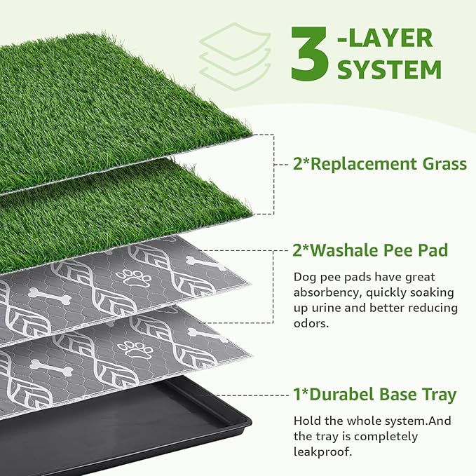LOOBANI 45x29in Large Dog Litter Box with 2 Artificial Grass Patch + 2 Washable Pee Pads, Quickly Absorbency Portable Patio Potty for Balcony Apartment Use