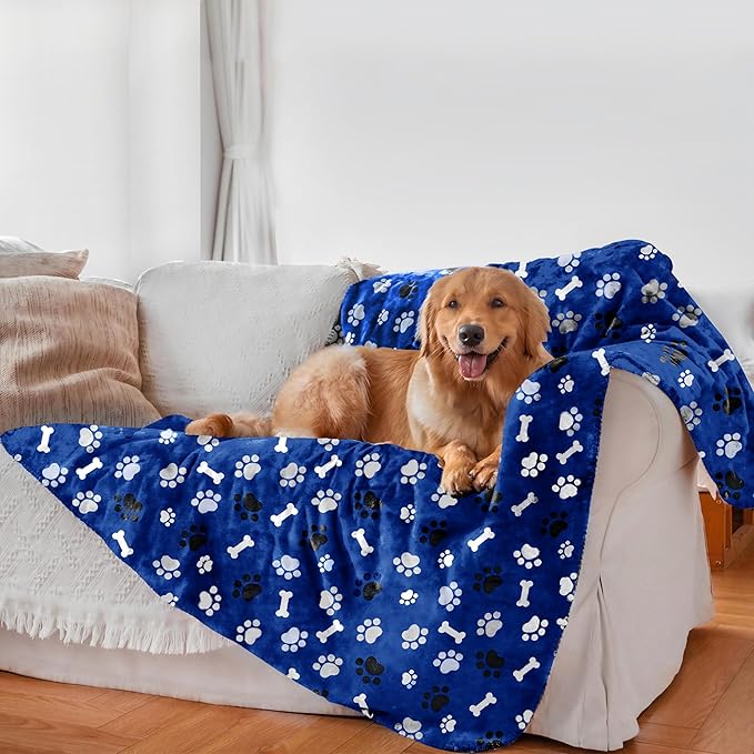 Waterproof Dog Blanket, Pattern Printing Super Soft Warm Fluffy Facecloth Sofa Car Bed Protector, Urine Proof Washable Outdoor Pet Blanket for Puppy Large Dogs & Cats(paw & Bone80*60) Blue