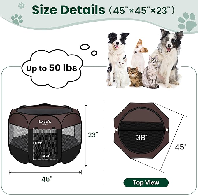 Love's cabin Pet Puppy Dog Playpen, Large Dog Tent Crates Cage Indoor/Outdoor, Portable Playpen for Cat, Foldable Pop Up Dog Kennel Playpen with Carring Case, Removable Zipper Top, Brown