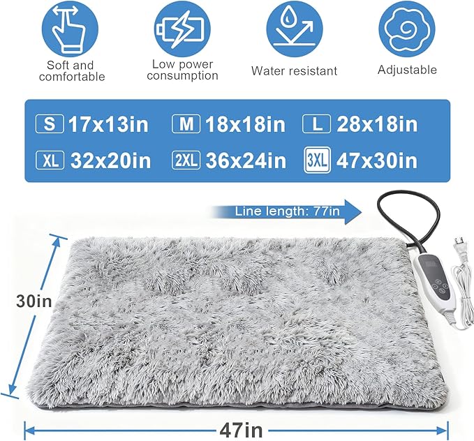 Extra Large Dog Heating Pad, 47×30 In with Smart Thermostat Switch and Power Line Protection Tube,Obtained MET and UL Dual Certification,Waterproof Pet Heating Pad with Long Velvet Cloth Cover