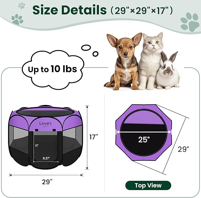 Love's cabin Pet Puppy Dog Playpen, Small Dog Tent Crates Cage Indoor/Outdoor, Portable Playpen for Cat, Foldable Pop Up Dog Kennel Playpen with Carring Case, Removable Zipper Top, Purple