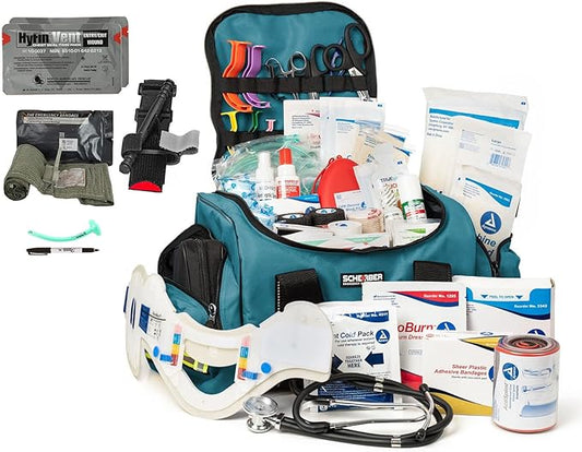 Scherber Fully-Stocked First Responder Bag | Professional EMT/EMS Trauma & Bleeding Medical Kit | HSA/FSA Approved | CAT Tourniquet, HyFin Chest Seal, Israeli Bandage & 250+ First Aid Supplies (Blue)