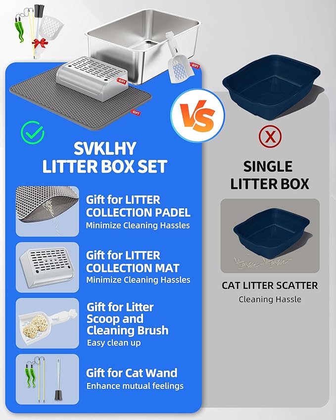 Stainless Steel Litter Box Set- [6-in-1] Large Cat Litter Box with Pedal, Mat, Scoop, Brush, Cat Wands, Non-Sticky Metal Litter Box for Cat, Kitty, Odorless, Easy Clean (23.6"x15.7"x6", 3 Pack)
