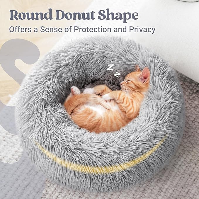rabbitgoo Cat Beds for Indoor Cats, 20 inches Cat Bed Machine Washable, Fluffy Round Pet Bed Non-Slip, Calming Soft Plush Donut Cuddler Cushion Self Warming for Small Dogs Kittens, Light Grey, Medium