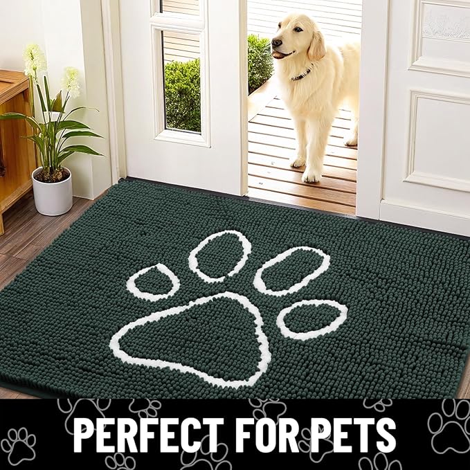 Smiry Dog Door Mat for Muddy Paws, Absorbent Dirt Trapper Non Slip Quick Dry Washable Chenille Mat for Mud Dogs, Entry Rug for Indoor and Outdoor (70x24 Inches, Green)