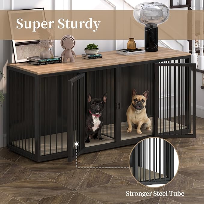 Large Dog Crate Furniture for 2 Dogs, 71.6'' Steel Frame Dog Crate with Double Doors, Heavy Sturdy Kennel for Small Medium Large Dogs, Indoor Double Dog Cage (Black)