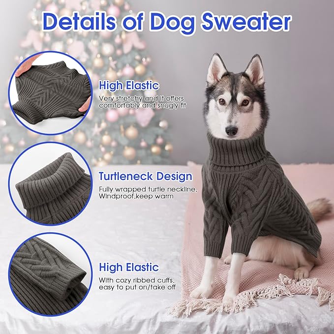 ASENKU Extra-Large Dog Sweater, Dog Sweaters for Extra Large Dogs, Pet Sweatshirt Apparel Turtleneck Pullover Winter for Doberman, Great Dane (Dark Grey, 4XL)