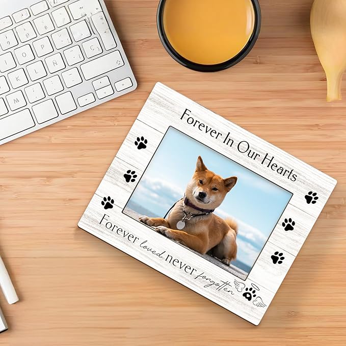 Dog Memorial Picture Frame 5x7, Memorial Pet Photo Frame, Dog Cat Memory Gifts for Loss of Dogs Cats, Forever in Our Hearts Sympathy Gifts Wooden Picture Photo Frames for Desk Home Room Decor