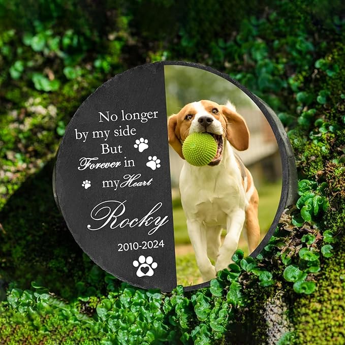 Ships Next Day Personalized Pet Memorial Stone for Loss of Dog Cat, Custom Photo Name Memory Headstone Garden Grave Marker Bereavement Sympathy Gift