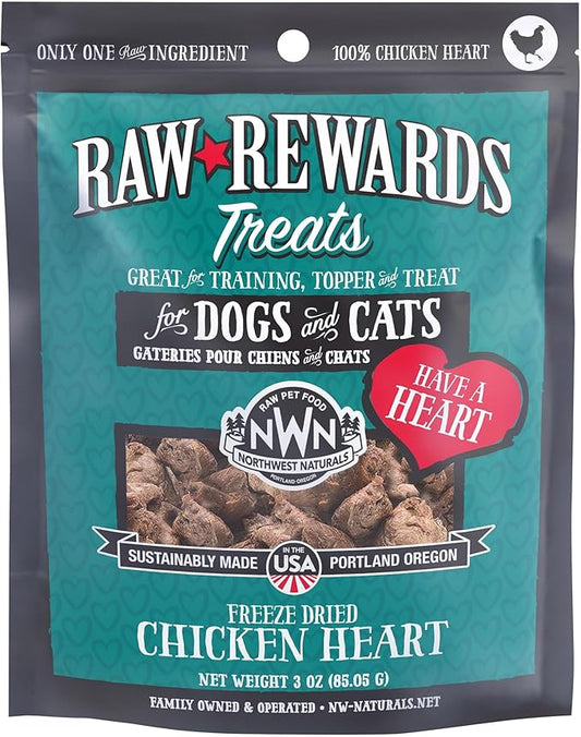 Northwest Naturals Raw Rewards Freeze-Dried Chicken Heart Treats for Dogs and Cats - Bite-Sized Pieces - Healthy, 1 Ingredient, Human Grade Pet Food, All Natural, Proudly Made in USA, 3 Oz