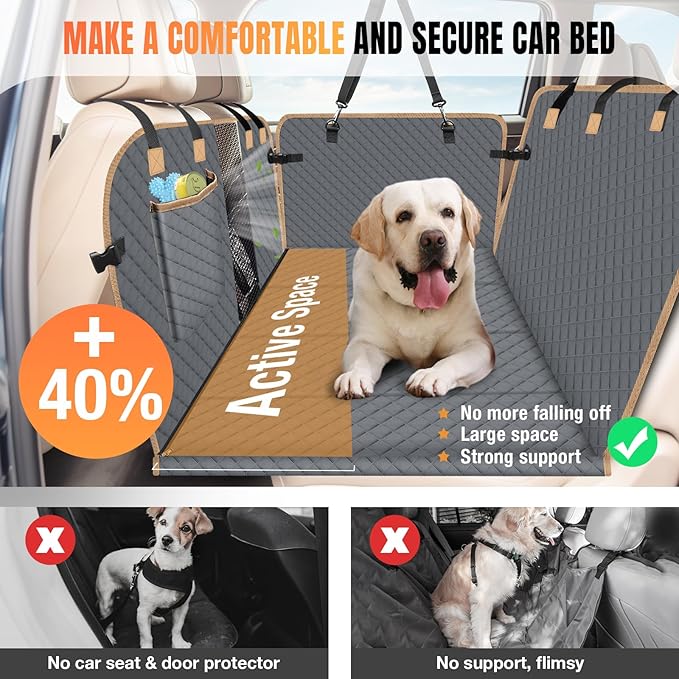Dog Car Seat Cover for Back Seat, Gray, Universal Fit, Polyester, Car, Truck, SUV, Van, Automotive Pet Seat Cover Combination
