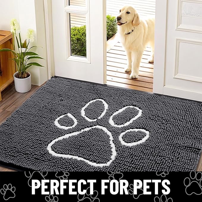 Smiry Dog Door Mat for Muddy Paws, Absorbent Dirt Trapper Non Slip Quick Dry Washable Chenille Mat for Mud Dogs, Entry Rug for Indoor and Outdoor (47x32 Inches, Dark Grey and White)