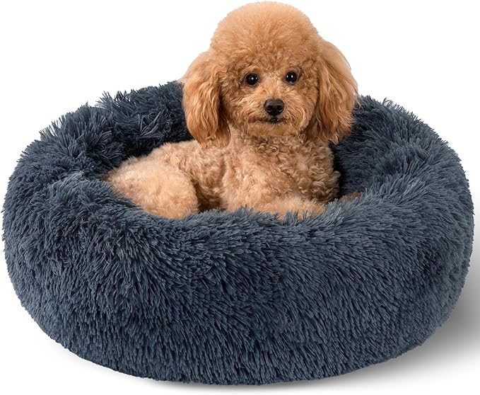 Dog Calming Beds for Small Medium Large Dogs - Round Donut Washable Puppy Dog Bed, Anti-Slip Faux Fur Fluffy Donut Cuddle Anxiety Cat Pet Bed(20" Dark Grey)