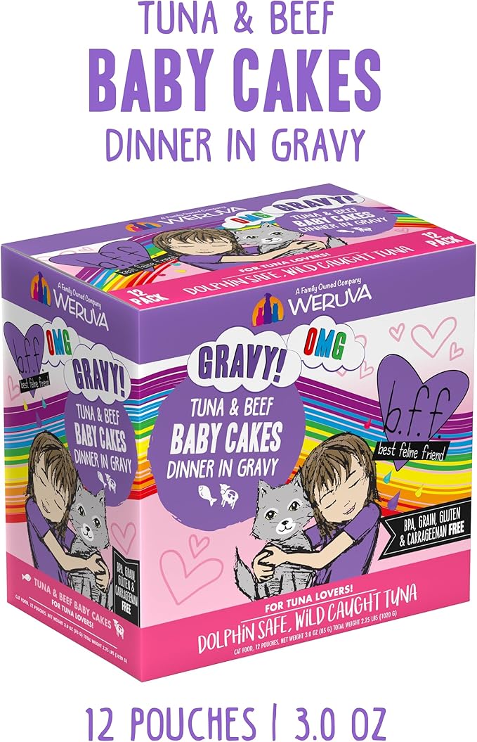 Weruva B.F.OMG - Best Feline Friend Oh My Gravy!, Tuna & Beef Baby Cakes with Tuna & Beef in Gravy Cat Food, 3oz Pouch (Pack of 12), Purple (0152)