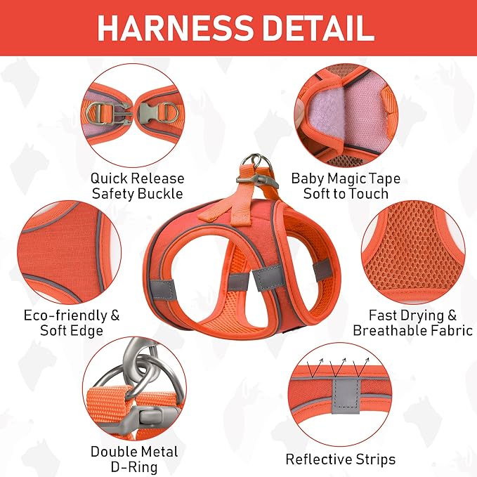 GAMUDA Small Pet Harness Collar and Leash Set, Step in No Chock No Pull Linen Fabric Soft Mesh Dog Vest Harnesses Reflective for Dogs Puppy Cats Kitten Rabbit (Orange, M)