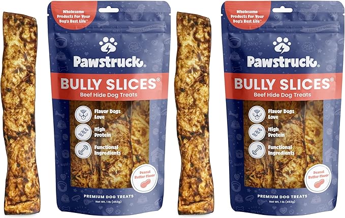 Pawstruck Bully Slices Premium Rawhide Chew Sticks, Peanut Butter Flavor - Low Fat, High Protein, Long-Lasting Treat for Dogs - No Artificial Ingredients - 1 lb Bag - Packaging May Vary (Pack of 2)
