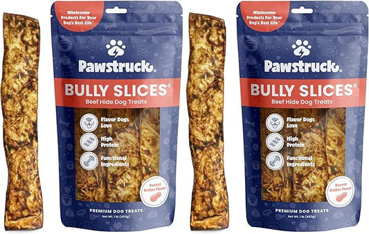 Pawstruck Bully Slices Premium Rawhide Chew Sticks, Peanut Butter Flavor - Low Fat, High Protein, Long-Lasting Treat for Dogs - No Artificial Ingredients - 1 lb Bag - Packaging May Vary (Pack of 2)