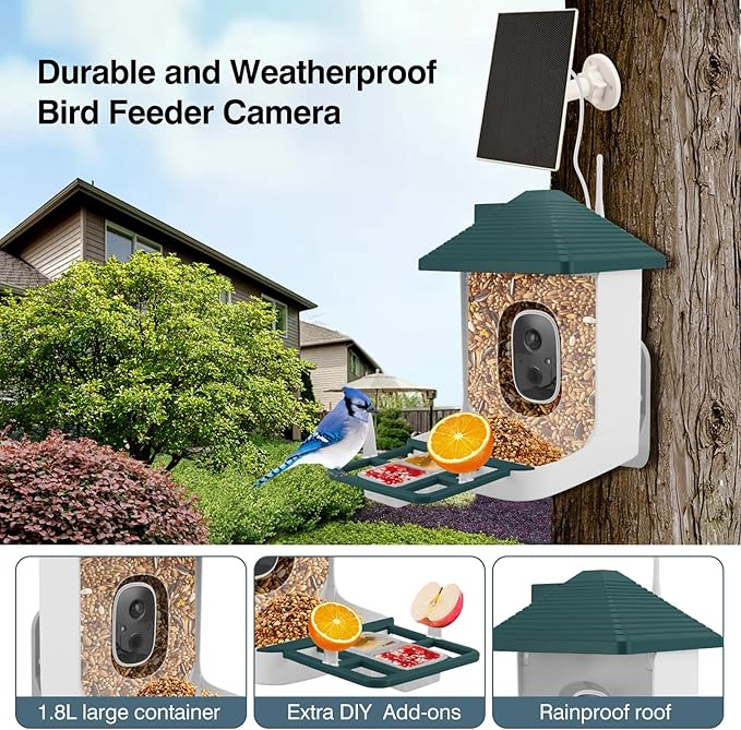 Bird Feeder with Camera,Smart Watching Birds,AI Identify Species with Solar Panel,Auto Record 2K HD Capture Video Live,2L Large Capacity,Ideal Gifts for BirdLover (Green+64G Card)