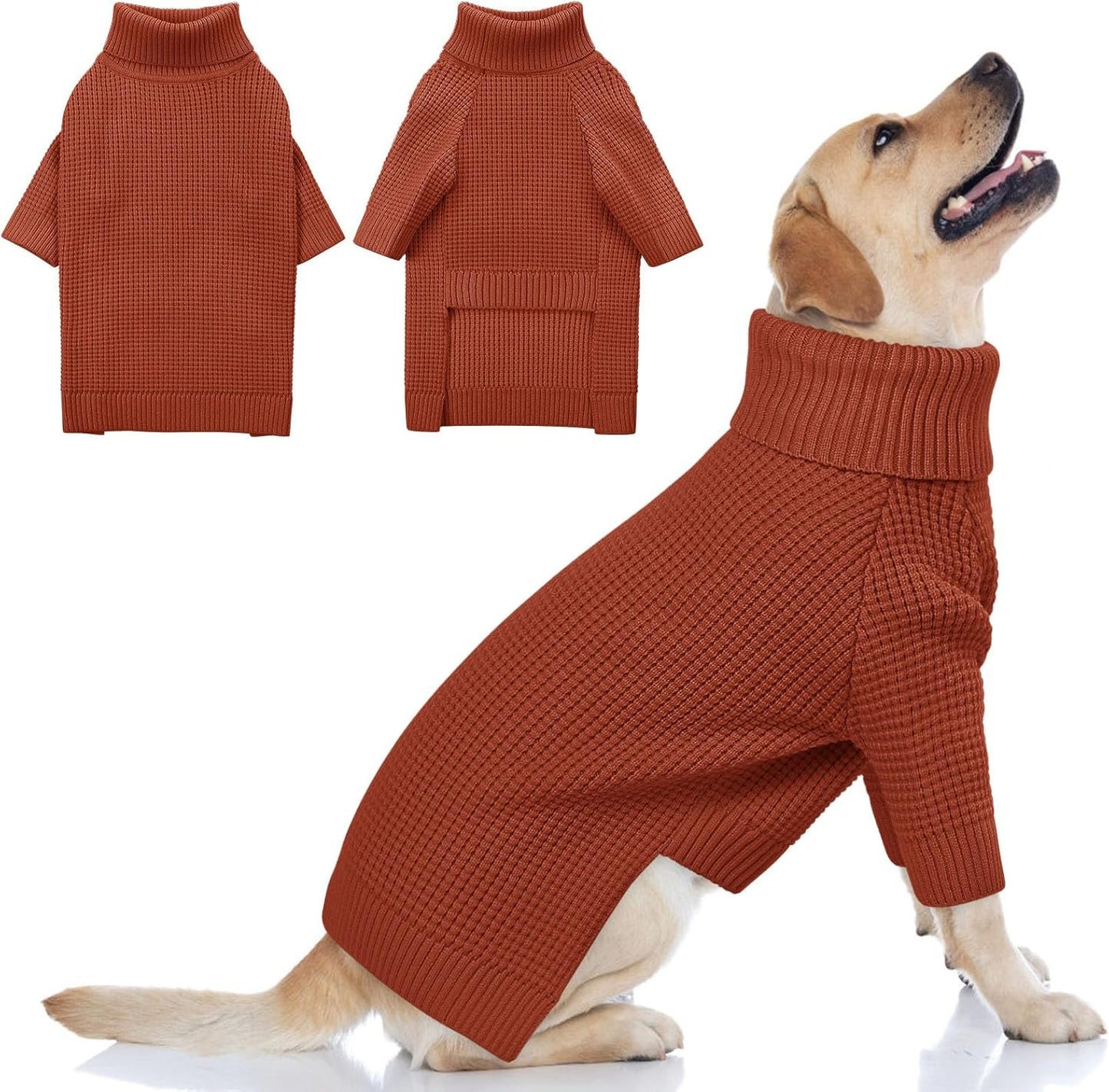 Queenmore XXL Dog Sweater, Large Dog Sweaters for Male Dogs, Turtleneck Plaid Kintsweaters for Large Breeds, Cold Weather Pullover Pet Clothes, Saddle Brown 2XL