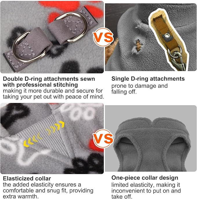BEAUTYZOO Small Dog Sweater Fleece Vest Winter Jacket, D-Ring Leash Attachment for XS S Puppy Medium Sized Breeds Dogs, Cold Weather Dog Clothes Windproof Keep Warm, Grey Bones Paw L