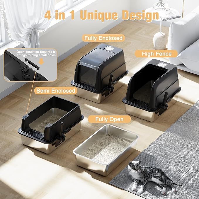 Stainless Steel Cat Litter Box Fully Enclosed, Extra Large Metal High Sided Cat Box with 120° Fully Transparent See-Through Flip Lid, Scoop & Mat - Black - XL