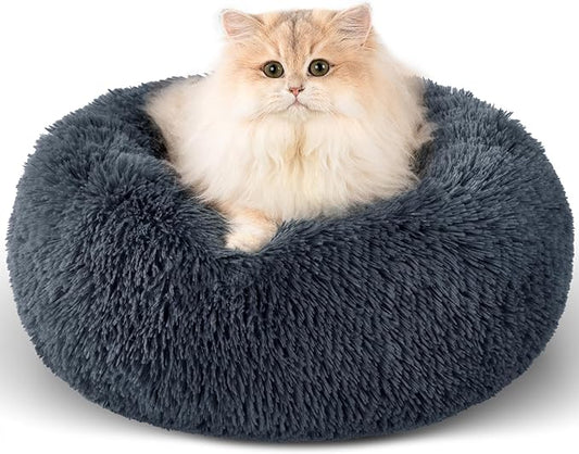 Dog Calming Beds for Small Medium Large Dogs - Round Donut Washable Puppy Dog Bed, Anti-Slip Faux Fur Fluffy Donut Cuddle Anxiety Cat Pet Bed(16" Dark Grey)