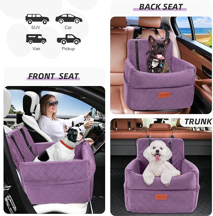Small Dog Car Seat, Memory Foam Dog Booster Seats with Thick Cushion for Medium Dogs Under 35lbs, Detachable Washable Pet Car Seat Bed with Storage Pockets,2 Safety Belts Purple