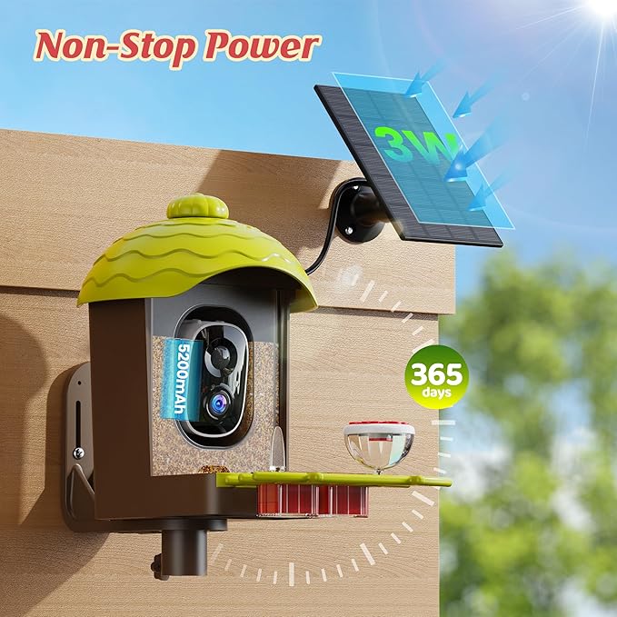 Smart Bird Feeder with Camera Outdoor: 2K Wild Bird Watching Video Cam - Unique Gifts for Nature Lover - Birds House Window at Garden IP66 Solar Charged & Squirrel-Proof Alarm