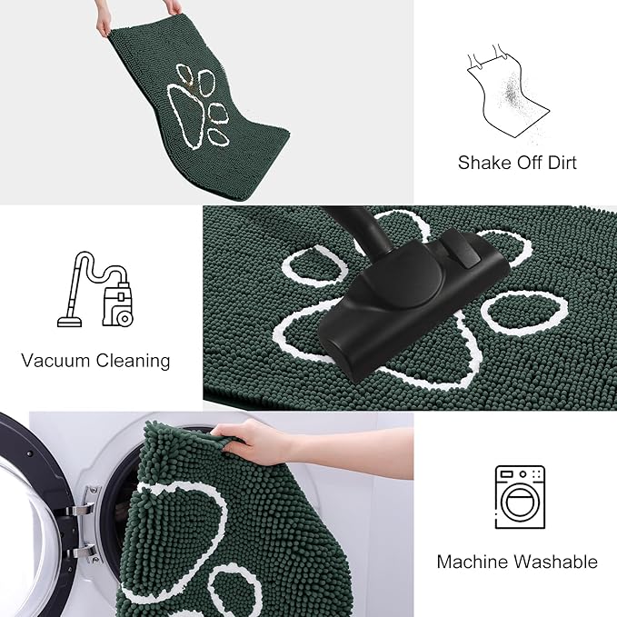 Smiry Dog Door Mat for Muddy Paws, Absorbent Dirt Trapper Non Slip Quick Dry Washable Chenille Mat for Mud Dogs, Entry Rug for Indoor and Outdoor (48x30 Inches, Green)