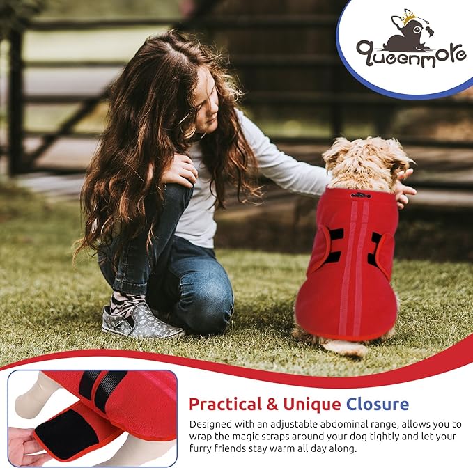 Queenmore Soft Fleece Dog Jacket, Warm Winter Dog Clothes with Leash Hole, Dachshund Sweater for Small Dogs Cats Boy or Girl (Red, XS)