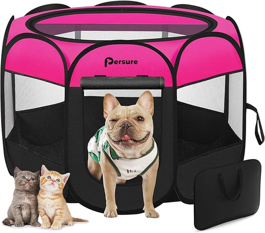 Dog Cat Playpen Indoor Outdoor for Puppy Pet Dogs Cat Travel, Dog Enclosure Tent Crates Cage for Recovery After Surgery, Portable Pop Up Dogs Kennel with Carrying Case (Rosy, Large)