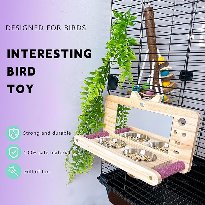 Bird Mirror Parrot Perch with Mirror and Feeding Cups Parrot Cage Swing Wooden Mirror Fun Play Toy for Lovebird Parakeets Conures Cockatiels