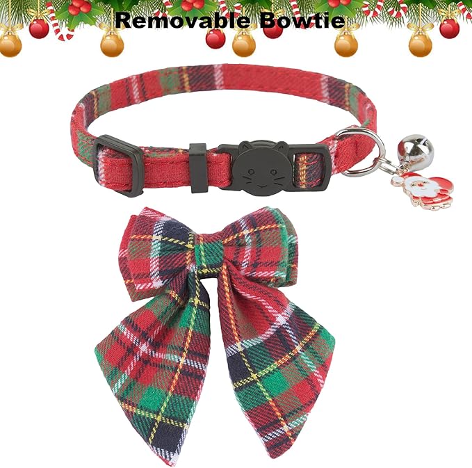 ADOGGYGO Christmas Cat Collars Breakaway with Removable Bow Tie, 2 Pack Red Green Plaid Christmas Collar for Cats Kittens