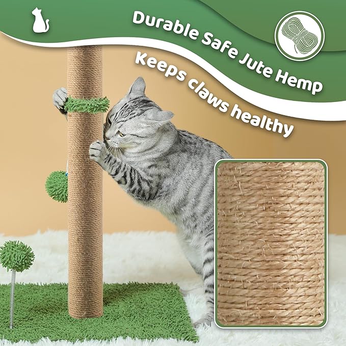 Cat Scratching Post, 34'' Tall Cat Scratchers for Indoor Cats with Hanging Balls, Tall Cute Sisal Kitten Scratch Post with Reinforced Stable Base, Green, Medium