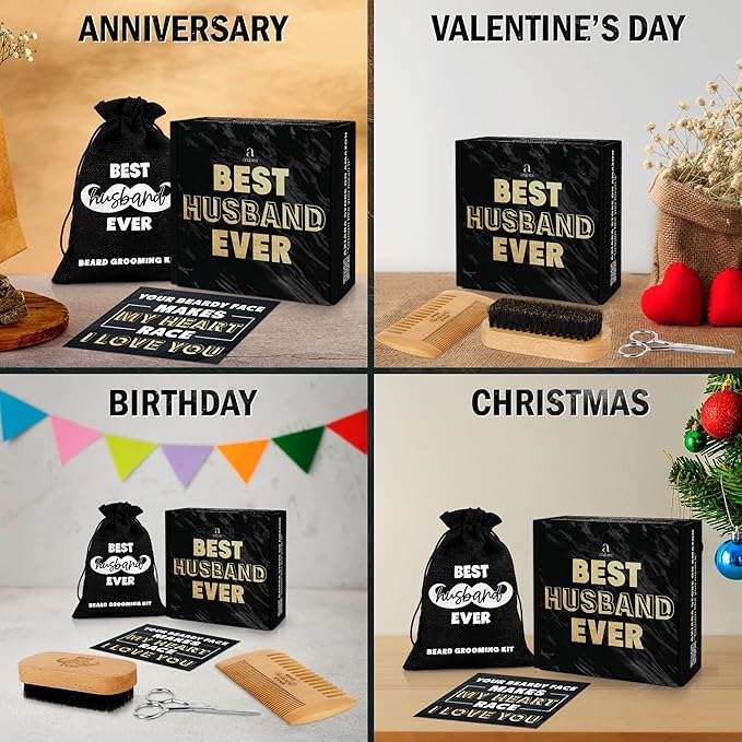 Gifts for Husband - Beard Kit for Men Grooming and Care with Brush, Comb, Scissors & Storage Bag - Husband Birthday Gift Ideas, Fathers Day Birthday Gifts for Men, Beard Growth Kit