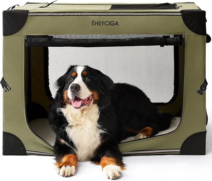 EHEYCIGA Collapsible Dog Crate 42 Inches, Portable Travel Crate for Extra Large Dogs, Soft Foldable Pet Kennel with 4-Door Mesh Windows Indoor & Outdoor, Green