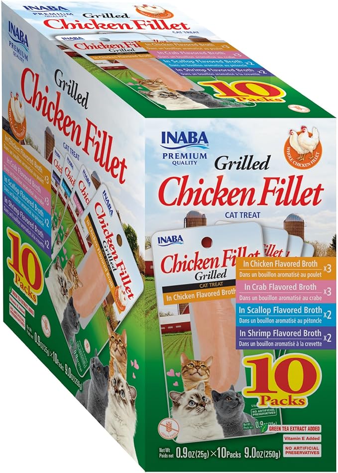 INABA Premium Grilled Chicken Fillet Cat Treats with Vitamin E and Green Tea Extract, 0.9 Ounces Each, Pack of 10, Variety Box