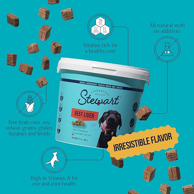 Stewart Single Ingredient Freeze Dried Raw Dog Treats, Beef Liver, 21 Ounce Value Size, Approx. 475 Pieces per Resealable Tub, Training Treats or Meal Topper, High Protein, Grain Free, Gluten Free