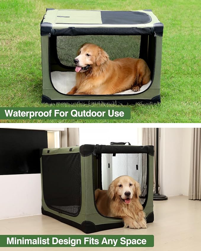 36 Inch Collapsible Travel Dog Crate for Medium Large Dogs, Portable Dog Crate 4-Door Foldable Soft Kennel with Durable Mesh Windows for Indoor & Outdoor Travel, with Storage Bag,Green
