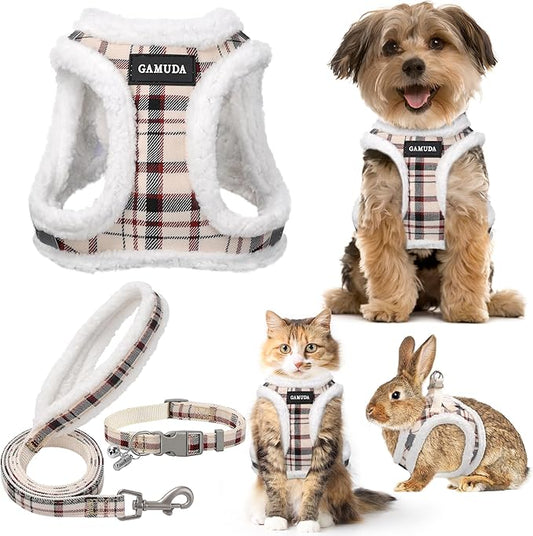 GAMUDA Small Dog Harness Collar and Leash Set, Step in No Chock No Pull Soft Mesh Adjustable Dog Vest Harnesses Plaid Reflective for Dogs Puppy Cats Kitten Rabbit (Warm Beige, XS)