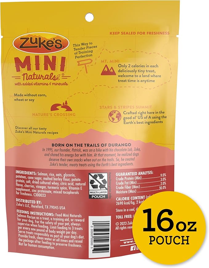 Zuke’s Mini Naturals Dog Training Treats for Dogs of All Sizes, Pet Treats made with Real Salmon, 16 oz. Resealable Pouch - 16 oz. Bag