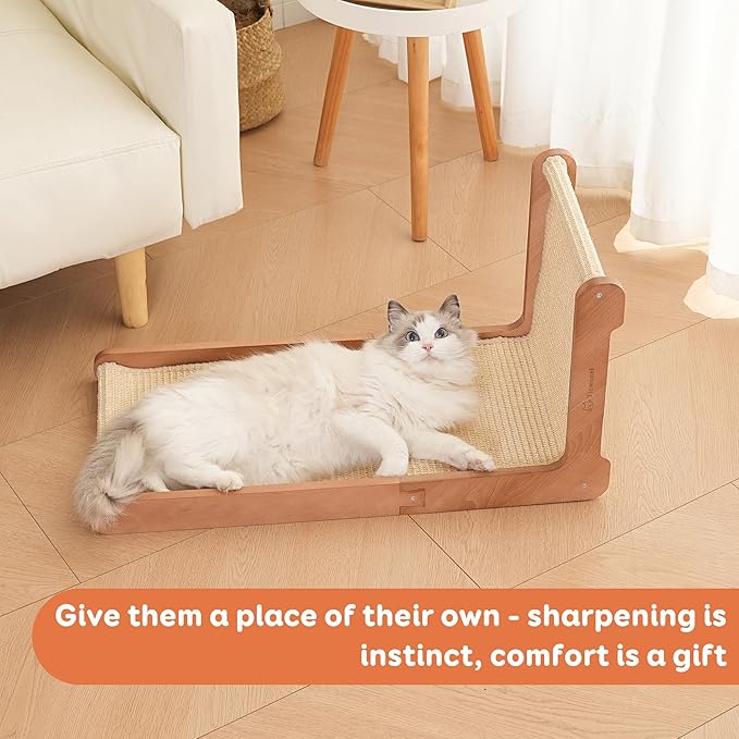 Cat Scratching Post - Beechwood Base, 26.8" Natural Sisal Woven Cat Scratch Pad, Cat Scratching Board,Durable Cat Scratcher for Indoor Cat, Furniture Protector for Cats' Clawing and Play