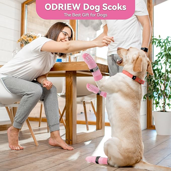 Non Slip Dog Socks to Prevent Licking Paws - Dog Booties for Hardwood Floors Anti Slip - Grippy Socks for Senior Dog - Double Side Paw Protector Prevent Scratching for Hot Pavement. (Pink, L)