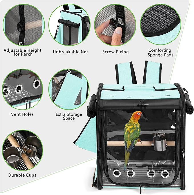 Sanmoncare Bird Carrier for Car Travel with Seat Belt, Indestructible Stainless Steel Mesh Parrot Backpack Travel Cage