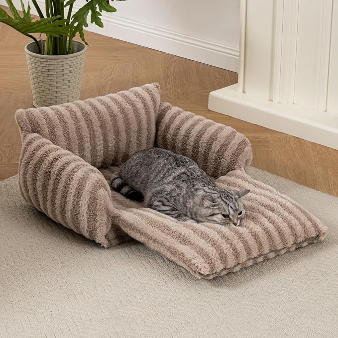 Hollypet Cat Bed Fluffy Plush Mutifuctional Double-Layer Soft Pet Couch Orthopedic Sofa Nest Beds for Small Cats and Dogs, Khaki (21x15x8 inch)