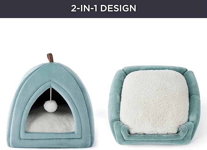 Bedsure Cat Beds for Indoor - 2 in 1 Cat Cave House Tent for Kittens and Small Pets with Removable Washable Cushioned Pillow, Foldable Kitten Hideaway with Non-Slip Bottom, Ocean Blue, 16 inches