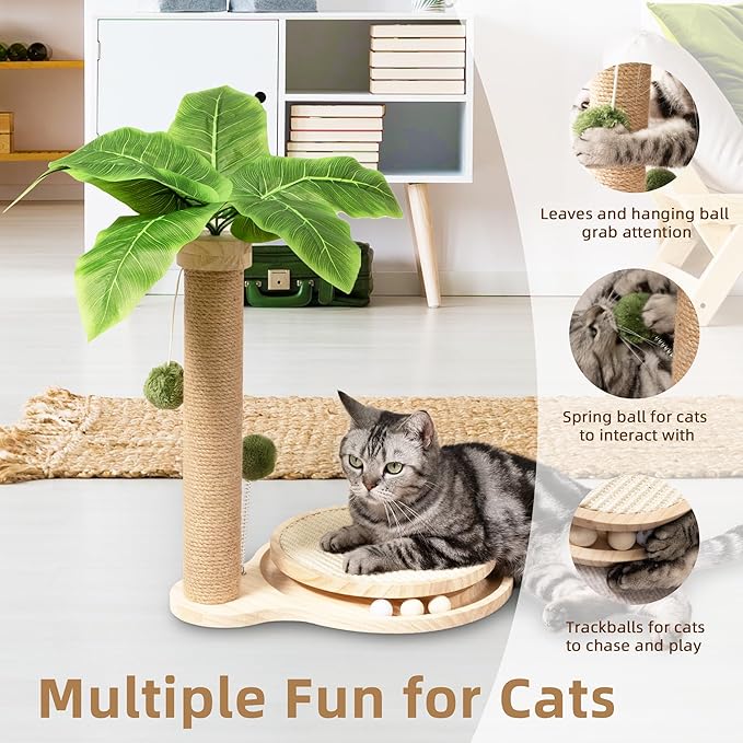 Meowoou Cat Scratching Post Cat Scratcher Interactive Toy with Dangling Ball for Indoor Kitten Large Base Wooden Ball Track 17.7" Tall Modern Sisal Scratch Pole
