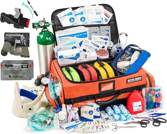 Scherber Fully-Stocked Premium First Responder Bag | HSA/FSA Approved | Large Pro EMT/EMS Trauma, Bleeding & Oxygen Medical Kit | CAT Tourniquet, HyFin Chest Seal & 260+ First Aid Supplies (Orange)