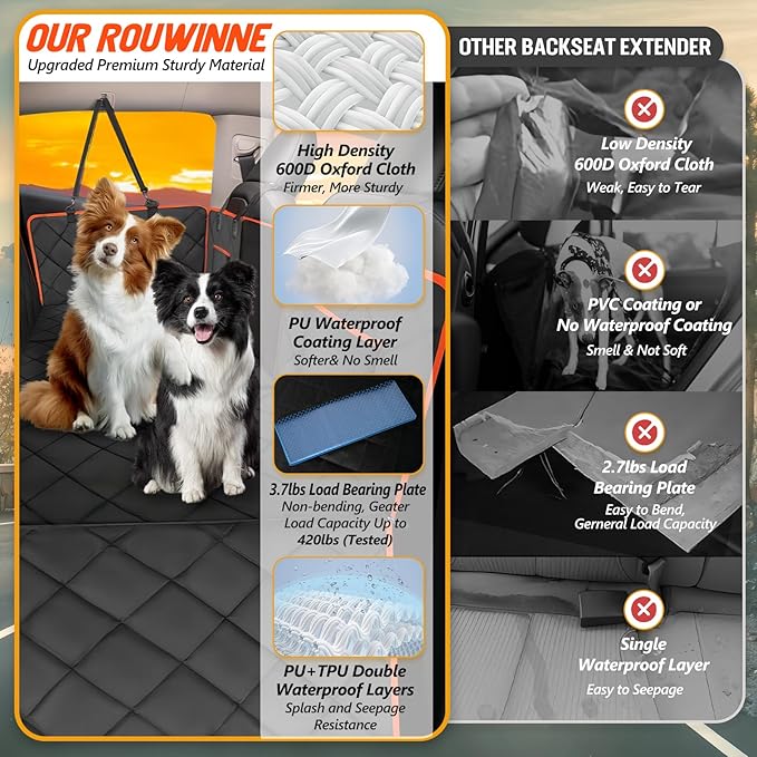 Back Seat Extender for Dogs - Holds 420lb, Hard Bottom Dog Bed Back Seat Cover, Pet Car Seat Cover Backseat Extender,Upgraded Material Waterproof Dog Hammock for Car，SUV, Truck, Black/Orange